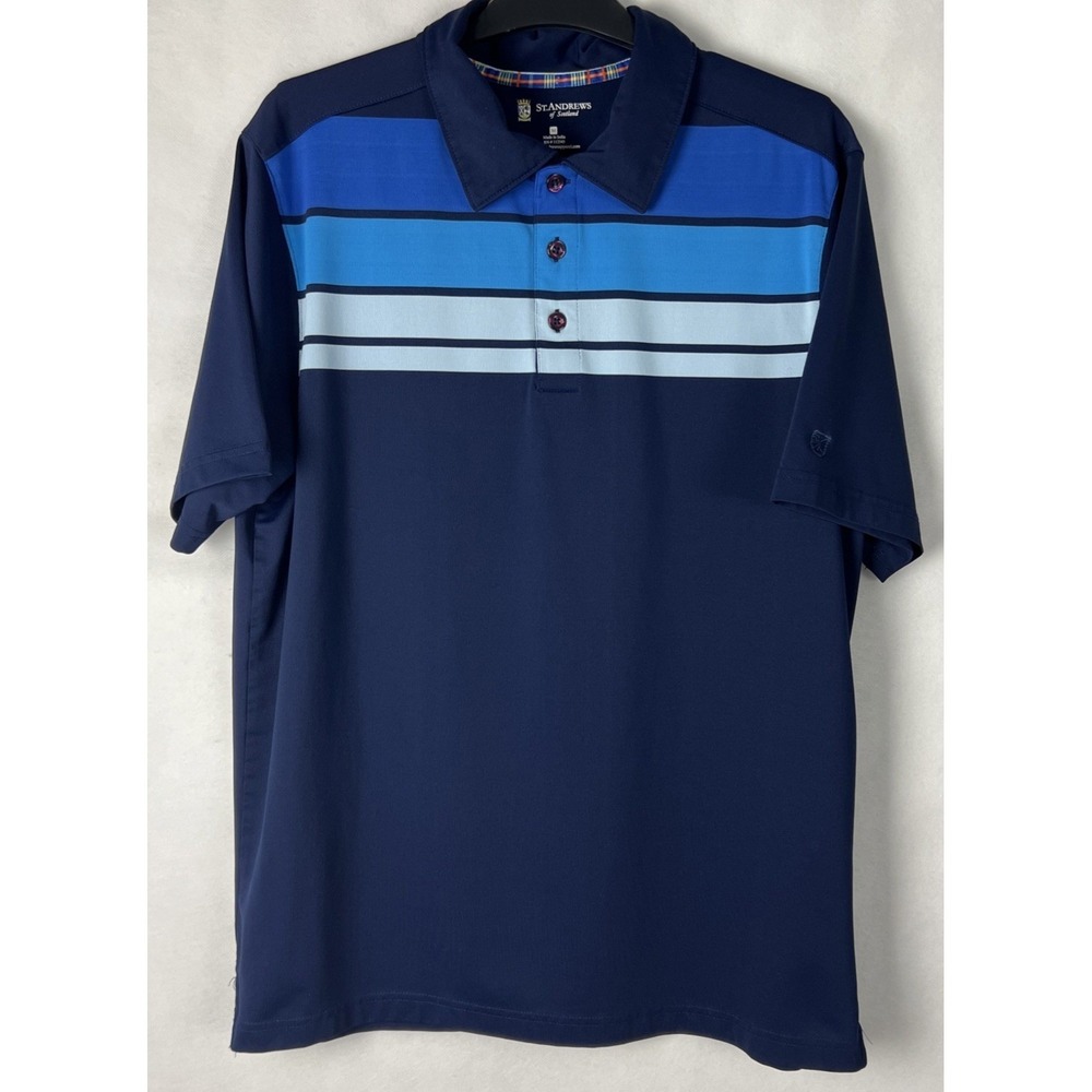 St. Andrews‎ of Scotland Men's Polo Shirt Size Medium Striped Navy Blue A21